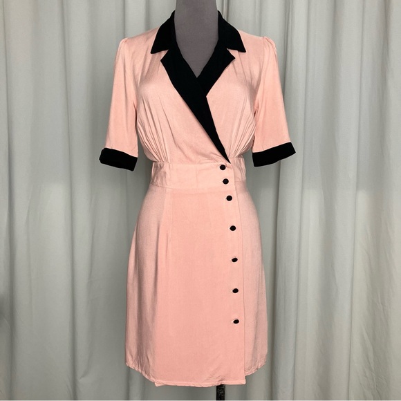 ASOS Retro Pink & Black Contrast Collar Button Half Sleeve Wrap Mini Dress UK 6 - Picture 1 of 16